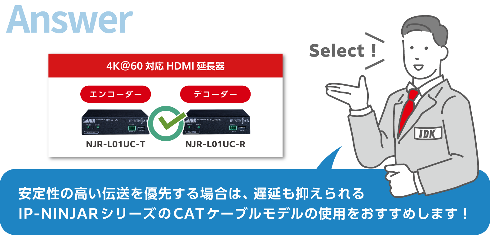安定性の高い伝送を優先する場合は、遅延も抑えられるIP-NINJARシリーズのCATケーブルモデルの使用をおすすめします！