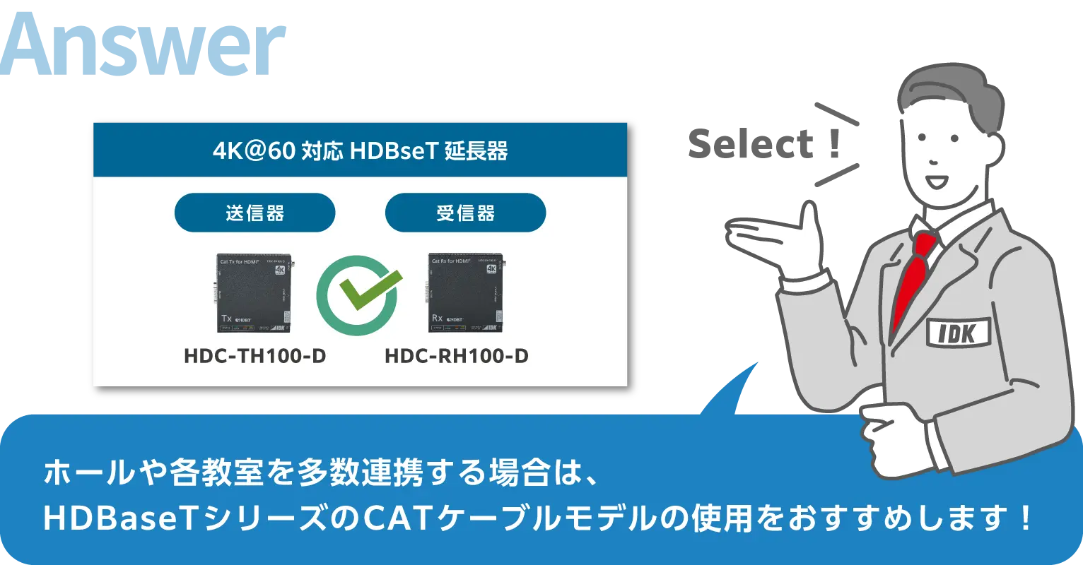 ホールや各教室を多数連携する場合は、HDBaseTシリーズのCATケーブルモデルの使用をおすすめします！